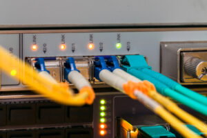 Backbone high-speed Internet communication channel. Fiber optic cable are connected to the interfaces of the central router.